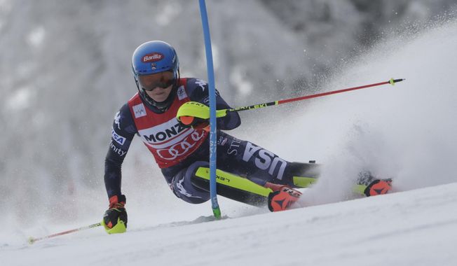 United States&#x27; Mikaela Shiffrin speeds down the course during an alpine ski, women&#x27;s World Cup slalom, in Spindleruv Mlyn, Czech Republic, Saturday, Jan. 28, 2023. (AP Photo/Giovanni Maria Pizzato)