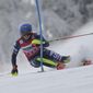 United States&#39; Mikaela Shiffrin speeds down the course during an alpine ski, women&#39;s World Cup slalom, in Spindleruv Mlyn, Czech Republic, Saturday, Jan. 28, 2023. (AP Photo/Giovanni Maria Pizzato)