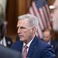 FILE - House Speaker Kevin McCarthy of Calif., pauses during a break in the taping of an interview for the Hannity show with Fox News Channel&#39;s Sean Hannity, on Capitol Hill, Jan. 10, 2023, in Washington. (AP Photo/Alex Brandon, File)