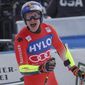 Switzerland&#39;s Marco Odermatt arrives at the finish area during an alpine ski, men&#39;s World Cup super-G, in Cortina d&#39;Ampezzo, Italy, Saturday, Jan. 28, 2023. (AP Photo/Alessandro Trovati)
