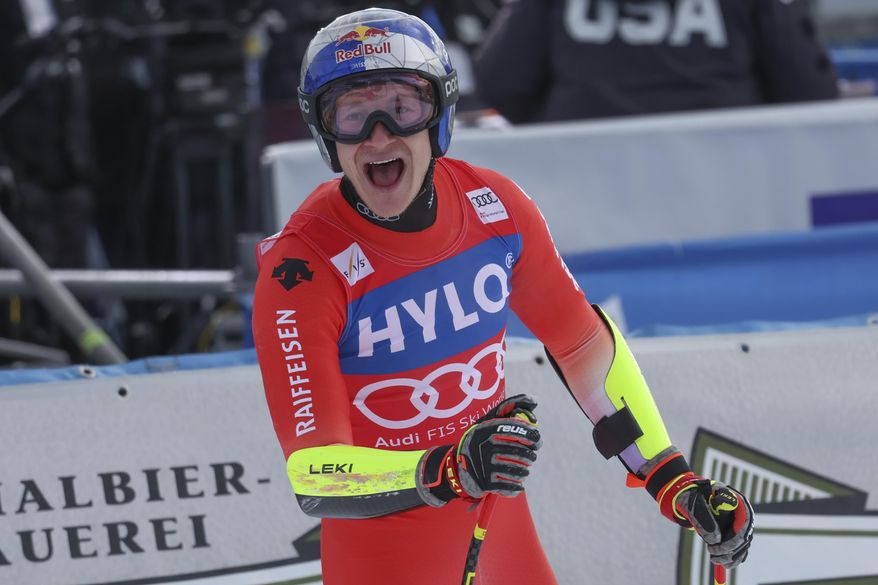 Switzerland&#x27;s Marco Odermatt arrives at the finish area during an alpine ski, men&#x27;s World Cup super-G, in Cortina d&#x27;Ampezzo, Italy, Saturday, Jan. 28, 2023. (AP Photo/Alessandro Trovati)