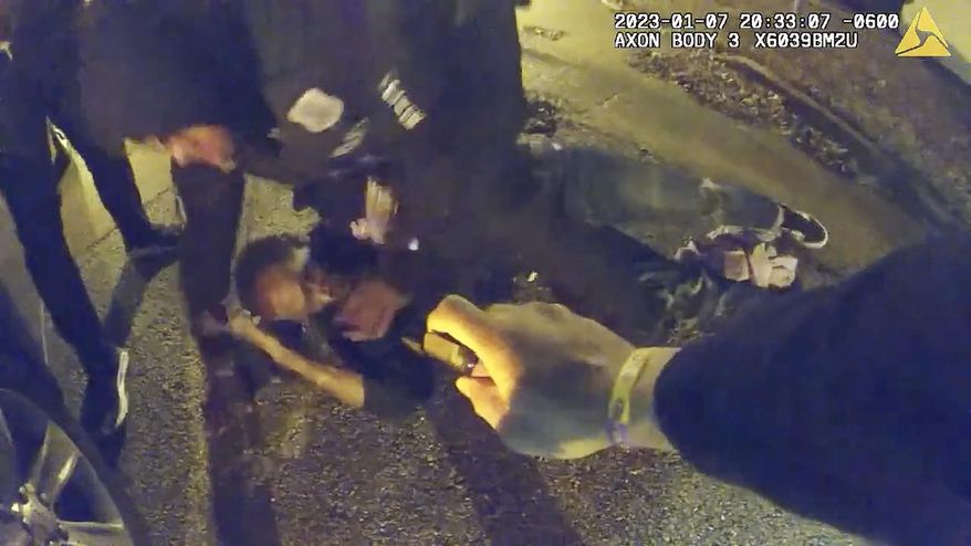 The image from video released on Jan. 27, 2023, by the City of Memphis, shows Tyre Nichols during a brutal attack by five Memphis police officers on Jan. 7, 2023, in Memphis, Tenn. Nichols died on Jan. 10. The five officers have since been fired and charged with second-degree murder and other offenses. (City of Memphis via AP)