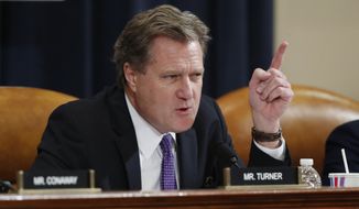 Rep. Mike Turner, R-Ohio, questions U.S. Ambassador to the European Union Gordon Sondland as he testifies before the House Intelligence Committee on Capitol Hill in Washington, Wednesday, Nov. 20, 2019, during a public impeachment hearing of President Donald Trump&#39;s efforts to tie U.S. aid for Ukraine to investigations of his political opponents. (AP Photo/Alex Brandon)