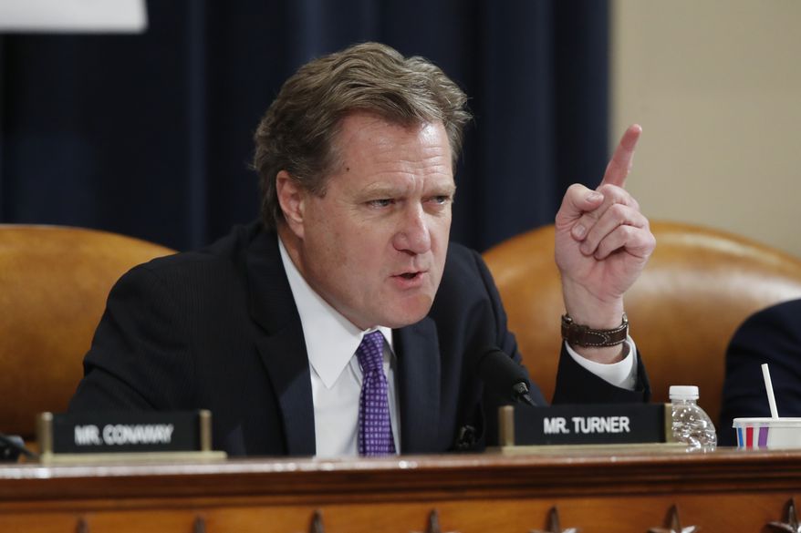 Rep. Mike Turner, R-Ohio, questions U.S. Ambassador to the European Union Gordon Sondland as he testifies before the House Intelligence Committee on Capitol Hill in Washington, Wednesday, Nov. 20, 2019, during a public impeachment hearing of President Donald Trump&#x27;s efforts to tie U.S. aid for Ukraine to investigations of his political opponents. (AP Photo/Alex Brandon)