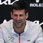 Novak Djokovic of Serbia reacts during a press conference following his win over Stefanos Tsitsipas of Greece in the men&#39;s singles final at the Australian Open tennis championship in Melbourne, Australia, early Monday, Jan. 30, 2023. (AP Photo/Dita Alangkara)