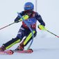 United States&#39; Mikaela Shiffrin speeds down the course during an alpine ski, women&#39;s World Cup slalom, in Spindleruv Mlyn, Czech Republic, Sunday, Jan. 29, 2023. (AP Photo/Giovanni Maria Pizzato)