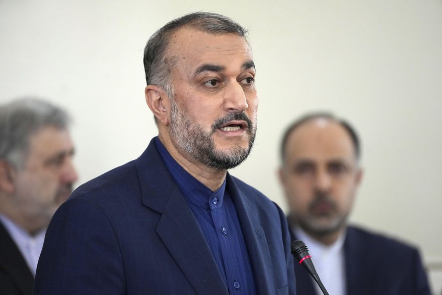 Iranian Foreign Minister Hossein Amirabdollahian speaks in a joint press briefing with his Qatari counterpart Sheikh Mohammed bin Abdulrahman Al Thani, in Tehran, Iran, Sunday, Jan. 29, 2023. (AP Photo/Vahid Salemi)