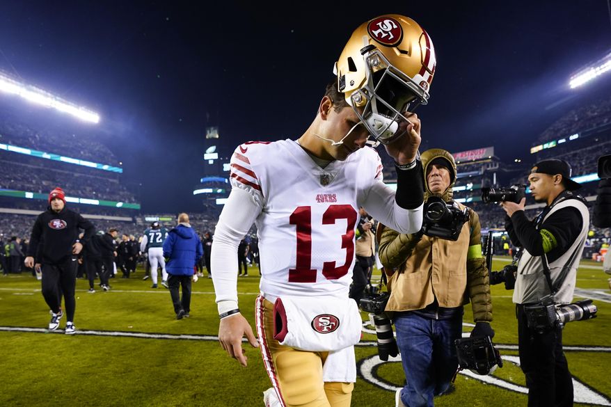 San Francisco 49ers quarterback Brock Purdy leaves the field after the NFC Championship NFL football game between the Philadelphia Eagles and the San Francisco 49ers on Sunday, Jan. 29, 2023, in Philadelphia. The Eagles won 31-7. (AP Photo/Chris Szagola) **FILE**
