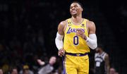 Los Angeles Lakers guard Russell Westbrook (0) reacts during the first half of an NBA basketball game against the Brooklyn Nets, Monday, Jan. 30, 2023, in New York. (AP Photo/Corey Sipkin)