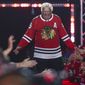 Former Chicago Blackhawks player Bobby Hull is introduced to fans during the NHL hockey team&#39;s convention in Chicago, July 26, 2019. Hull, a Hall of Fame forward who helped the Blackhawks win the 1961 Stanley Cup Final, has died. He was 84. The Blackhawks and the NHL Alumni Association announced the death of the two-time NHL MVP on Monday, Jan. 30, 2023. (AP Photo/Amr Alfiky, file) **FILE**