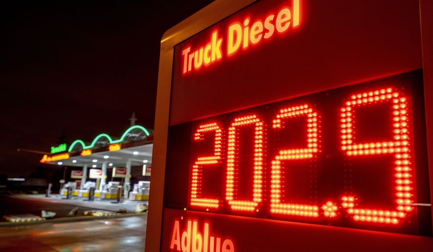 The diesel price for trucks is displayed at a gas station in Frankfurt, Germany, Friday, Jan. 27, 2023. A European ban on imports of diesel fuel and other products made from crude oil in Russian refineries takes effect Feb. 5. The goal is to stop feeding Russia&#x27;s war chest, but it&#x27;s not so simple. Diesel prices have already jumped since the war started on Feb. 24, and they could rise again. (AP Photo/Michael Probst)