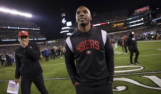San Francisco 49ers&#39; defensive coordinator DeMeco Ryans walks off the field after Philadelphia Eagles&#39; 31-7 win in NFC Championship Game at Lincoln Financial Field in Philadelphia, on Sunday, January 29, 2023. (Scott Strazzante/San Francisco Chronicle via AP) **FILE**