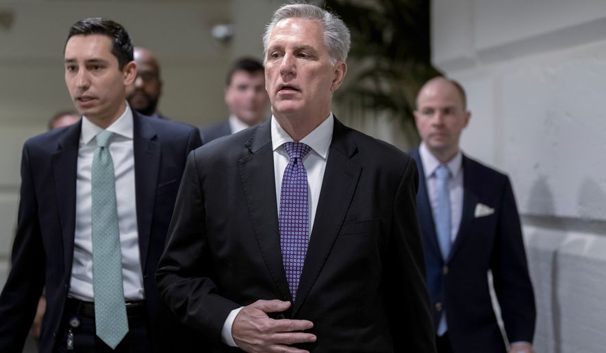 Speaker of the House Kevin McCarthy, R-Calif., arrives for a closed-door meeting with the Republican Conference, at the Capitol in Washington, Tuesday, Jan. 31, 2023. McCarthy is set to meet with President Joe Biden at the White House on Wednesday to discuss the debt ceiling. (AP Photo/J. Scott Applewhite)