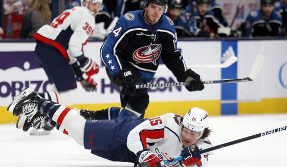 Washington Capitals forward Sonny Milano, right, dives for the puck in front of Columbus Blue Jackets forward Cole Sillinger during the second period of an NHL hockey game in Columbus, Ohio, Tuesday, Jan. 31, 2023. (AP Photo/Paul Vernon)