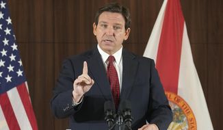 Florida Gov. Ron DeSantis gestures during a news conference, Thursday, Jan. 26, 2023, in Miami. DeSantis on Tuesday, Jan. 31, 2023, announced plans to block state colleges from having programs on diversity, equity and inclusion, and critical race theory. (AP Photo/Marta Lavandier, File)
