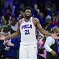Philadelphia 76ers&#39; Joel Embiid reacts after a play duining the second half of an NBA basketball game against the Denver Nuggets, Saturday, Jan. 28, 2023, in Philadelphia. (AP Photo/Derik Hamilton) **FILE**