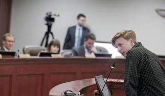 Elliot Morehead, 16 of Sioux Falls, tells a House Health and Human Services committee Tuesday, Jan. 31, 2023, in Pierre, S.D., that a bill banning gender-affirming care for transgender youth would harm their development as their unique self. (AP Photo/Amancai Biraben)