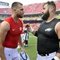 Kansas City Chiefs tight end Travis Kelce, left, talks to his brother, Philadelphia Eagles center Jason Kelce, after they exchanged jerseys following an NFL football game in Kansas City, Mo., Sept. 17, 2017. For the first time in Super Bowl history, a pair of siblings will play each other on the NFL&#39;s grandest stage. Travis helped the Chiefs return to their third championship game in four seasons on Sunday night when they beat the Bengals for the AFC title, while Jason has the Eagles back for the second time in six years after their NFC title win over the 49ers. (AP Photo/Ed Zurga, file) **FILE**