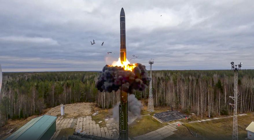 In an image from video released by Russian Defense Ministry Press Service on Oct. 26, 2022, a Yars intercontinental ballistic missile is test-fired as part of Russia&#x27;s nuclear drills from a launch site in Plesetsk, northwestern Russia. The Biden administration is faulting Russia for failing to allow on-the-ground nuclear inspections, accusing Moscow of endangering arms control efforts. The administration delivered its assessment Tuesday, Jan. 31, 2023, in a report to Congress. (Russian Defense Ministry Press Service via AP) **FILE**