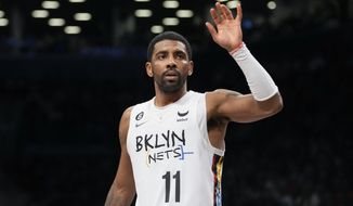 Brooklyn Nets guard Kyrie Irving during the second half of an NBA basketball game, Saturday against the New York Knicks, Jan. 28, 2023, in New York. The Nets won 122-115. (AP Photo/Mary Altaffer)