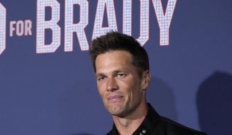 NFL quarterback Tom Brady, a cast member and producer of &quot;80 for Brady,&quot; poses at the premiere of the film, Tuesday, Jan. 31, 2023, at the Regency Village Theatre in Los Angeles. (AP Photo/Chris Pizzello)