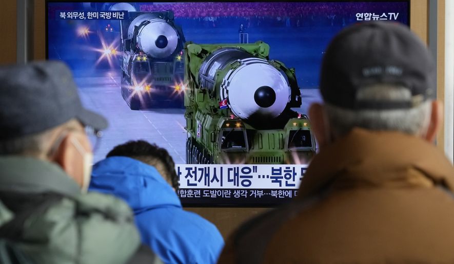 A TV screen shows a file image of North Korean missiles in a military parade during a news program at the Seoul Railway Station in Seoul, South Korea, Thursday, Feb. 2. 2023. North Korea said Thursday it&#x27;s prepared to counter U.S. military moves with the &quot;most overwhelming nuclear force&quot; as it warned that the expansion of the United States&#x27; combined military exercises with rival South Korea is pushing tensions to an &quot;extreme red line.&quot; (AP Photo/Ahn Young-joon)
