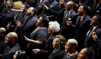 The Celebration Choir performs during the funeral service for Tyre Nichols at Mississippi Boulevard Christian Church in Memphis, Tenn., on Wednesday, Feb. 1, 2023. Nichols died following a brutal beating by Memphis police after a traffic stop. (Andrew Nelles/The Tennessean via AP, Pool)