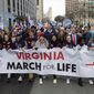 Virginia Gov. Glenn Youngkin marches with attendees at a &quot;March for Life&quot; event on Wednesday, Feb. 1, 2023, in Richmond, Va. (AP Photo/Mike Caudill)