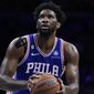 Philadelphia 76ers&#39; Joel Embiid plays during an NBA basketball game, Wednesday, Feb. 1, 2023, in Philadelphia. (AP Photo/Matt Slocum) *FILE**