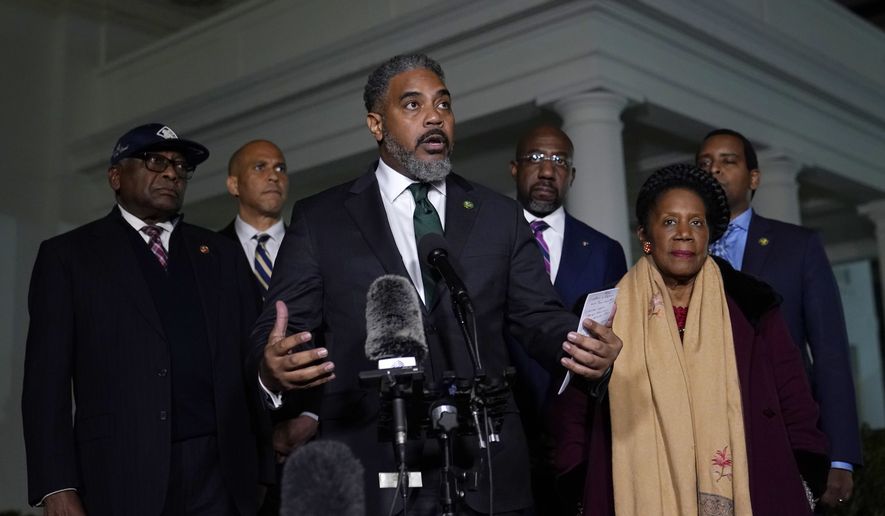 Congressional Black Caucus chair Rep. Steven Horsford, D-Nev., center, talks with reporters following a meeting with President Joe Biden at the White House in Washington, Thursday, Feb. 2, 2023. Horsford is joined by, from left, Rep. James Clyburn, D-S.C., Sen. Cory Booker, D-N.J., Sen. Raphael Warnock, D-Ga., Rep. Sheila Jackson Lee, D-Texas, and Rep. Joe Neguse, D-Colo. (AP Photo/Susan Walsh)