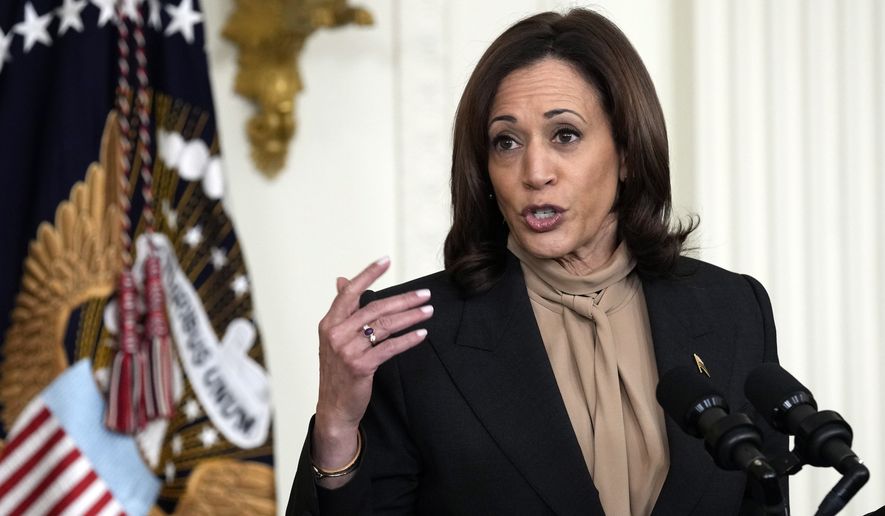 Vice President Kamala Harris speaks before President Joe Biden during an event in the East Room of the White House in Washington, Thursday, Feb. 2, 2023, to mark the 30th Anniversary of the Family and Medical Leave Act. (AP Photo/Susan Walsh)