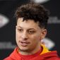 Kansas City Chiefs quarterback Patrick Mahomes talks to the media before an NFL football workout Thursday, Feb. 2, 2023, in Kansas City, Mo. The Chiefs are scheduled to play the Philadelphia Eagles in Super Bowl LVII on Sunday, Feb. 12, 2023. (AP Photo/Charlie Riedel) **FILE**
