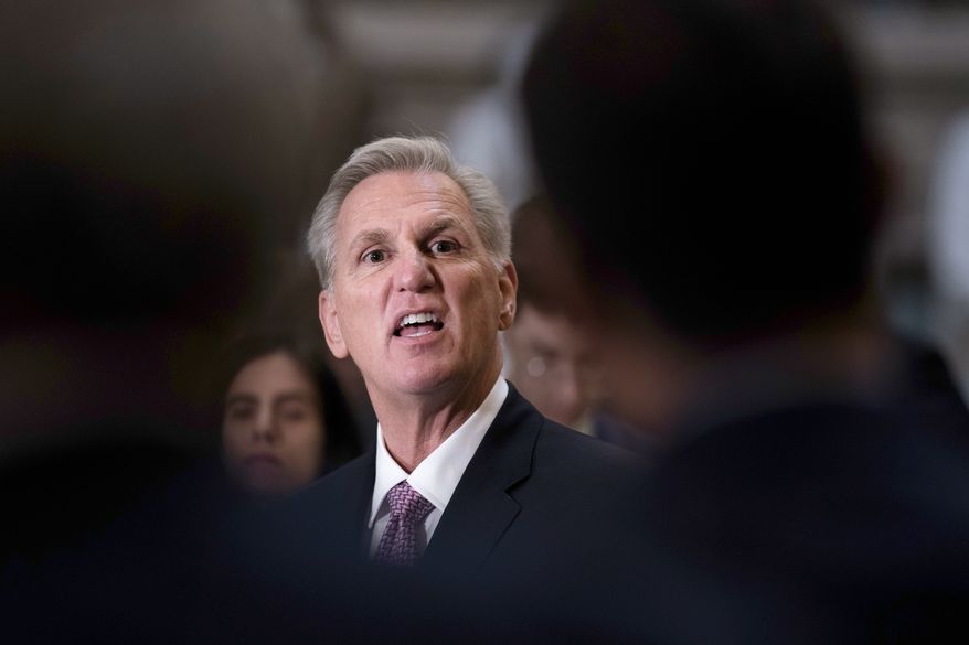 Speaker of the House Kevin McCarthy, R-Calif., meets with reporters just after the new House Republican majority ousted Democratic Rep. lhan Omar, a Somali-born Muslim from Minnesota, from the House Foreign Affairs Committee, at the Capitol in Washington, Thursday, Feb. 2, 2023. (AP Photo/J. Scott Applewhite)