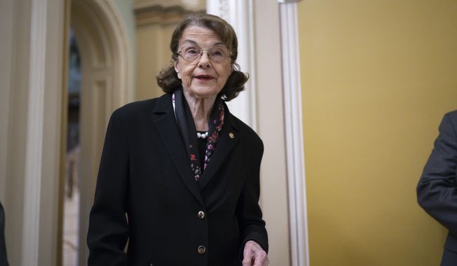 Sen. Dianne Feinstein, D-Calif., arrives for the Senate Democratic Caucus leadership election at the Capitol in Washington, Thursday, Dec. 8, 2022. Former U.S. House Speaker Nancy Pelosi endorsed fellow Democratic Rep. Adam Schiff on Thursday, Feb. 2, 2023, in his 2024 bid to claim the seat now held by Sen. Feinstein, providing the long-serving incumbent doesn&#x27;t seek a seventh term. (AP Photo/J. Scott Applewhite) **FILE**