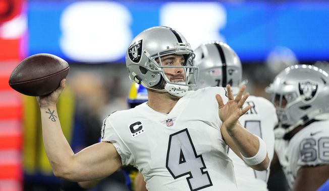 Las Vegas Raiders quarterback Derek Carr throws a pass during the first half of an NFL football game against the Los Angeles Rams, Dec. 8, 2022, in Inglewood, Calif. Carr said he will not extend the Feb. 15, 2023, deadline to help facilitate a trade from the Raiders. (AP Photo/Mark J. Terrill, File) **FILE**