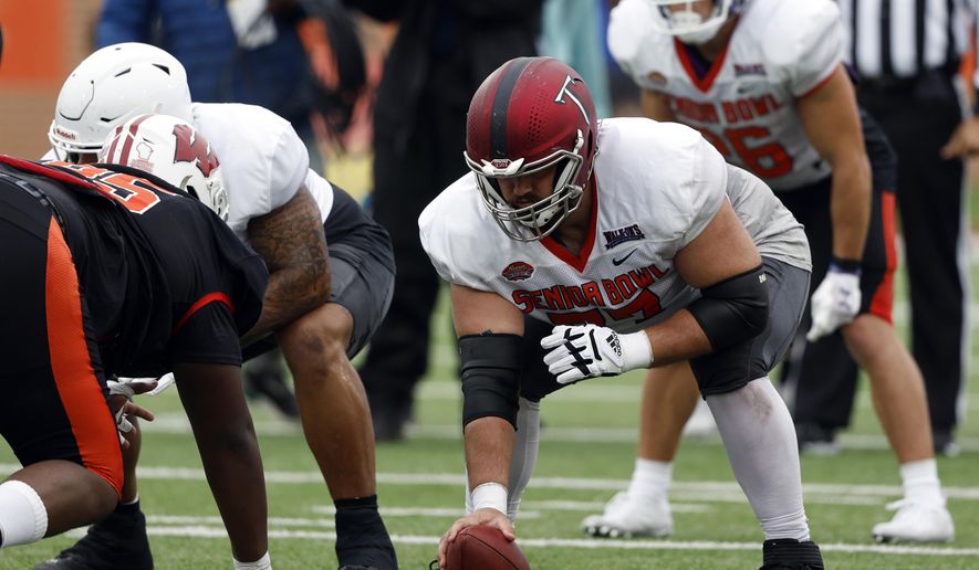 National offensive lineman Jake Andrews of Troy (77) runs drills during practice for the Senior Bowl NCAA college football game Thursday, Feb. 2, 2023, in Mobile, Ala.. (AP Photo/Butch Dill)