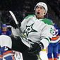 Dallas Stars&#39; Jason Robertson celebrates after scoring a goal during the first period of an NHL hockey game against the New York Islanders Tuesday, Jan. 10, 2023, in Elmont, N.Y. (AP Photo/Frank Franklin II)