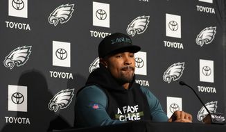 Philadelphia Eagles&#x27; Jalen Hurts pauses during a news conference at the NFL football team&#x27;s training facility, Thursday, Feb. 2, 2023, in Philadelphia. The Eagles are scheduled to play the Kansas City Chiefs in Super Bowl LVII on Sunday, Feb. 12, 2023. (AP Photo/Matt Slocum)