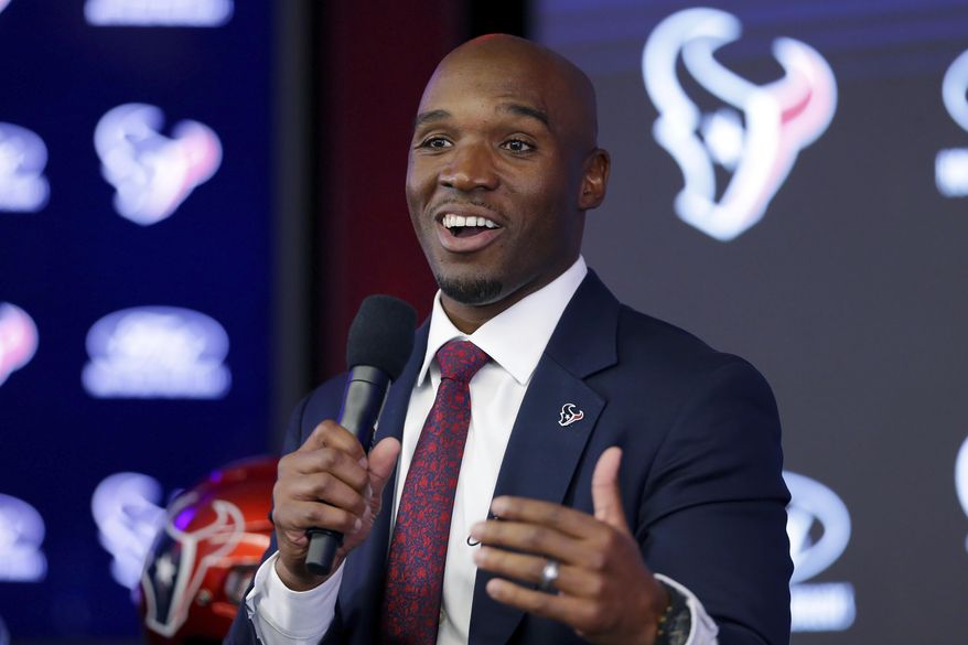 DeMeco Ryans answers questions at NRG Stadium in Houston during an NFL football news conference formally announcing him as the new head coach of the Houston Texans, Thursday, Feb. 2, 2023. (AP Photo/Michael Wyke) **FILE**