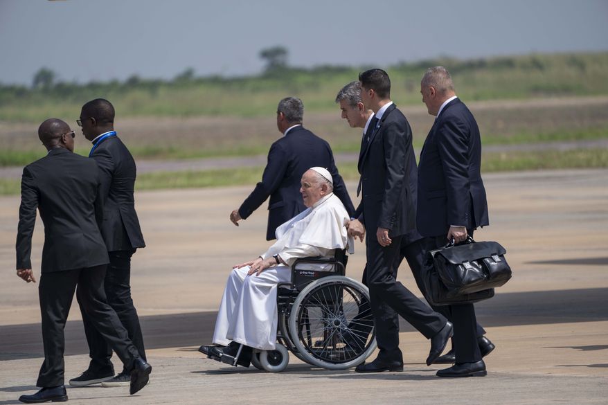 Pope Francis departs for South Sudan from Kinshasa, Congo, Friday Feb. 3 2023. Pope Francis opened the second and final leg of his African pilgrimage by heading to South Sudan on Friday, hoping to encourage the young country’s stalled peace process and draw international attention to continued fighting and a worsening humanitarian crisis. (AP Photo/Jerome Delay)