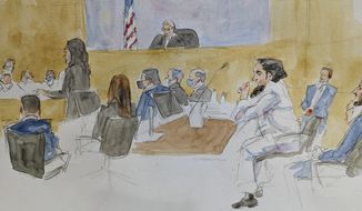 In this courtroom sketch, Ruslan Asainov appears in court, Monday, Jan. 23, 2023, in New York. Asainov, who was born in Kazakhstan and lived in Brooklyn, is charged in a five-count indictment with conspiracy to provide material support to the Islamic State. (Aggie Whelan Kenny via AP, File)