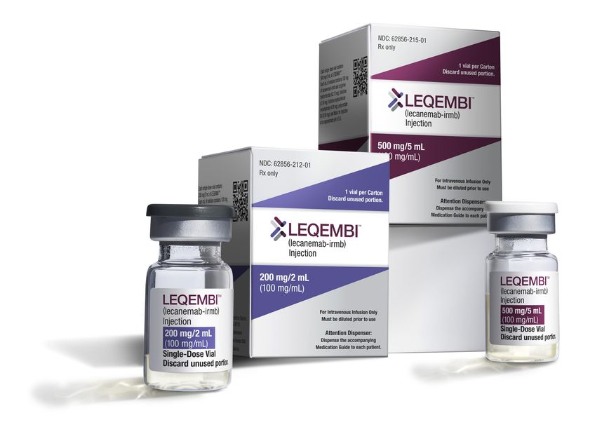 This Dec. 21, 2022, image provided by Eisai in January 2023 shows vials and packaging for their medication Leqembi. Leqembi, the first drug to show that it slows Alzheimer’s, was approved by the U.S. Food and Drug Administration in early January 2023, but treatment for most patients is still several months away. Two big factors behind the slow debut, according to experts, are scant insurance coverage and a long setup time needed by many health systems. (Eisai via AP, File)