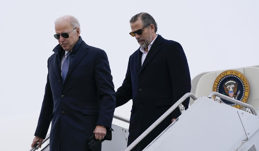 President Joe Biden and his son, Hunter Biden, step off Air Force One, Saturday, Feb. 4, 2023, at Hancock Field Air National Guard Base in Syracuse, N.Y. The Bidens are in Syracuse to visit with family members following the passing of Michael Hunter, the brother of the president&#x27;s first wife, Neilia Hunter Biden. (AP Photo/Patrick Semansky) **FILE**