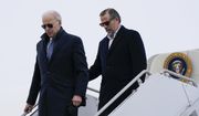 President Joe Biden and his son, Hunter Biden, step off Air Force One, Saturday, Feb. 4, 2023, at Hancock Field Air National Guard Base in Syracuse, N.Y. The Bidens are in Syracuse to visit with family members following the passing of Michael Hunter, the brother of the president&#39;s first wife, Neilia Hunter Biden. (AP Photo/Patrick Semansky)