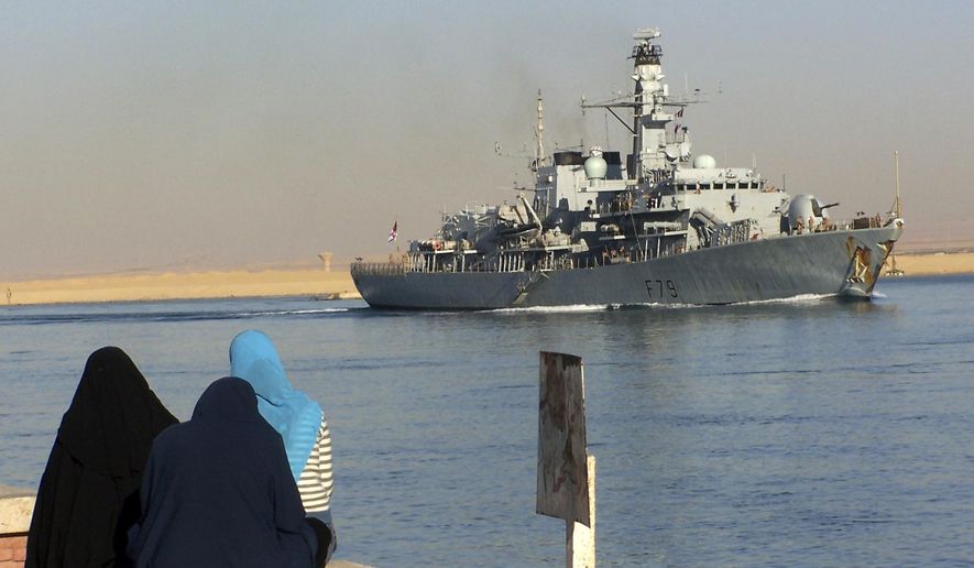 The British frigate HMS Portland heads through the Suez canal, in Ismailia, Egypt Wednesday, Dec. 3, 2008. Royal Navy warship HMS Portland has returned to port in Britain after several sailors got sick from the vessel’s drinking water, officials said Saturday, Feb. 4, 2023. (AP Photo, File)