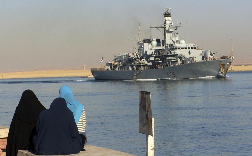 The British frigate HMS Portland heads through the Suez canal, in Ismailia, Egypt Wednesday, Dec. 3, 2008. Royal Navy warship HMS Portland has returned to port in Britain after several sailors got sick from the vessel’s drinking water, officials said Saturday, Feb. 4, 2023. (AP Photo, File)