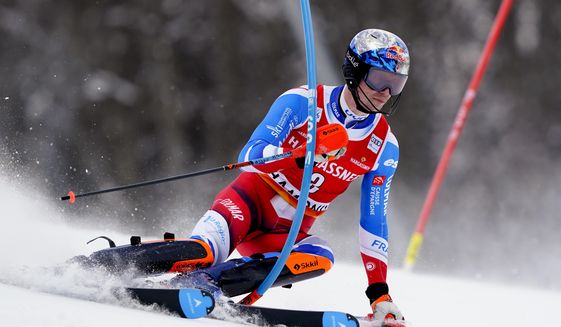 France&#x27;s Clement Noel speeds down the course during an alpine ski, men&#x27;s World Cup slalom in Chamonix, France, Saturday, Feb. 4, 2023. (AP Photo/Pier Marco Tacca)