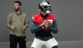 Philadelphia Eagles&#39; Jalen Hurts runs a drill during practice at the NFL football team&#39;s training facility, Friday, Feb. 3, 2023, in Philadelphia. The Eagles are scheduled to play the Kansas City Chiefs in Super Bowl LVII on Sunday, Feb. 12, 2023. (AP Photo/Matt Slocum)