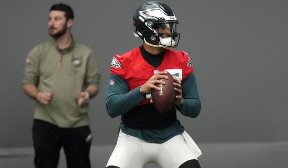 Philadelphia Eagles&#x27; Jalen Hurts runs a drill during practice at the NFL football team&#x27;s training facility, Friday, Feb. 3, 2023, in Philadelphia. The Eagles are scheduled to play the Kansas City Chiefs in Super Bowl LVII on Sunday, Feb. 12, 2023. (AP Photo/Matt Slocum)