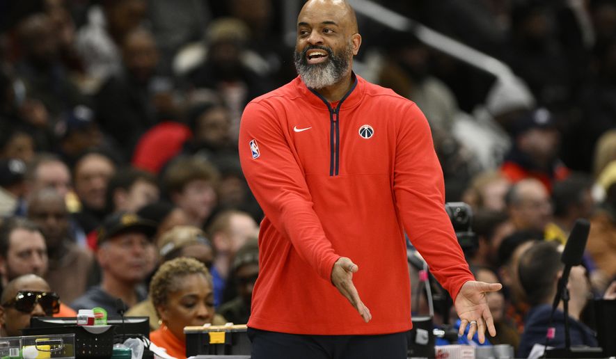 Washington Wizards head coach Wes Unseld Jr. in action during the second half of an NBA basketball game against the Portland Trail Blazers, Friday, Feb. 3, 2023, in Washington. The Trail Blazers won 124-116. (AP Photo/Nick Wass)